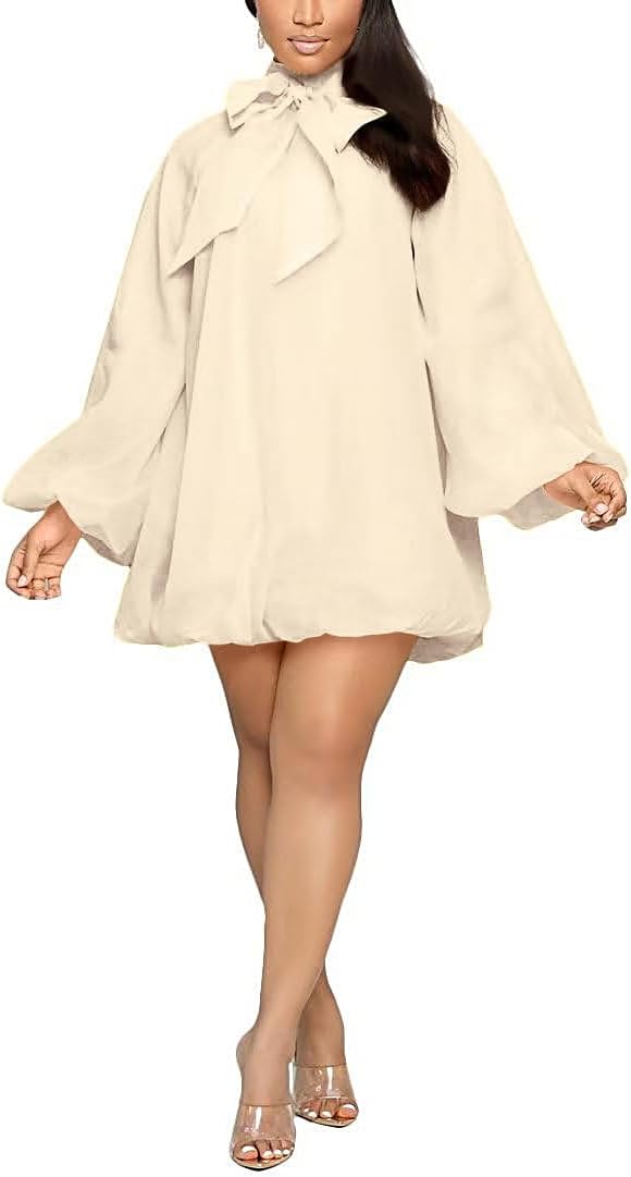 Yanfoam Women's Puff Sleeve Loose Chiffon for Cocktail Mini Dress | Sweetheart Round Neck,Puff Long Sleeve,Mini Dress,Bow Decoration,A-line,Flowy Loose Chiffon for Cocktail Party