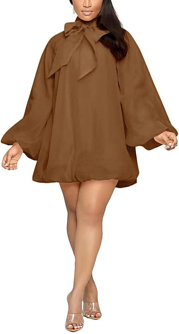 Yanfoam Women's Puff Sleeve Loose Chiffon for Cocktail Mini Dress | Sweetheart Round Neck,Puff Long Sleeve,Mini Dress,Bow Decoration,A-line,Flowy Loose Chiffon for Cocktail Party