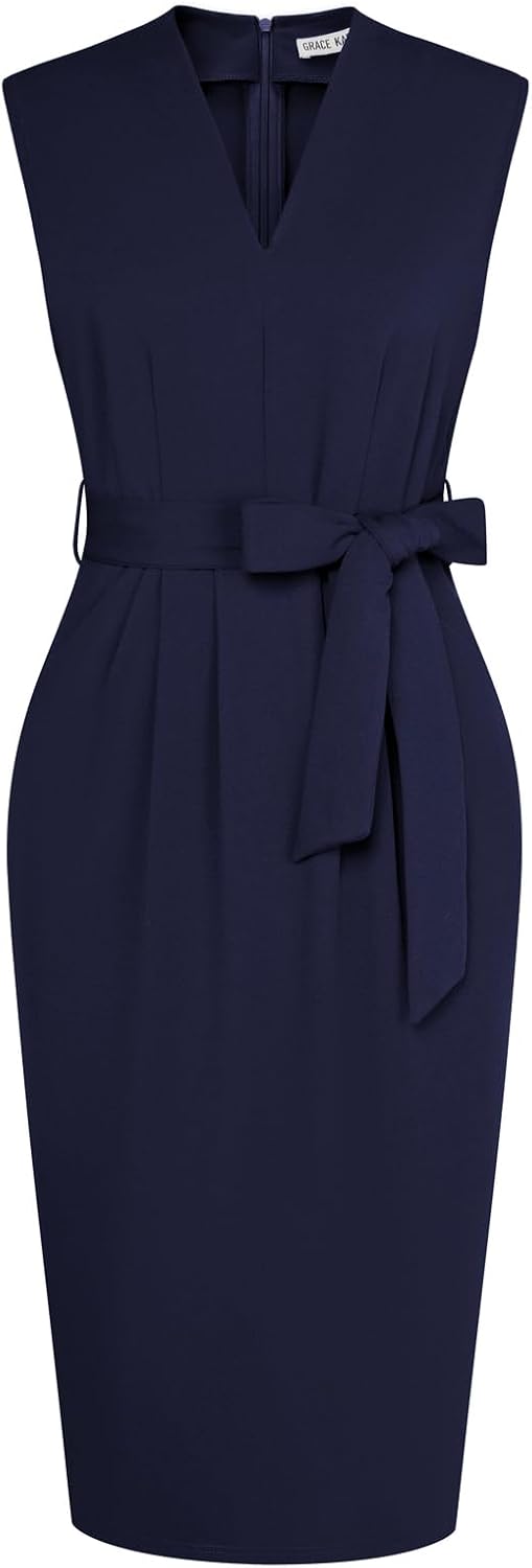 GRACE KARIN Women's Bodycon Knee Length Sleeveless Dress with Pockets | Ruched Waist with Removable Belt, Side Pockets, V-neck Sheath with Back Zipper, Ideal for Funeral, Office, Formal & Church