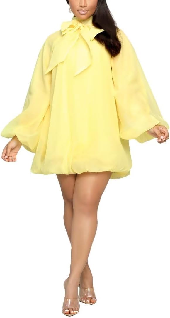 Yanfoam Women's Puff Sleeve Loose Chiffon for Cocktail Mini Dress | Sweetheart Round Neck,Puff Long Sleeve,Mini Dress,Bow Decoration,A-line,Flowy Loose Chiffon for Cocktail Party