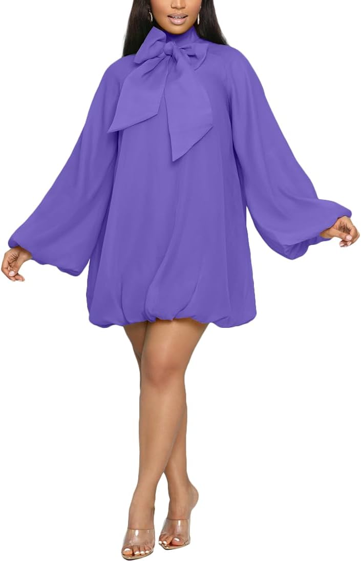 Yanfoam Women's Puff Sleeve Loose Chiffon for Cocktail Mini Dress | Sweetheart Round Neck,Puff Long Sleeve,Mini Dress,Bow Decoration,A-line,Flowy Loose Chiffon for Cocktail Party