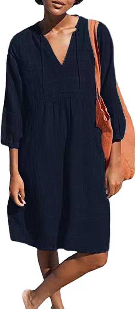 Lafural Womens V Neck Cotton Casual Loose Shift Tunic Smock Summer Dresses Vacation Dress 3\/4 Sleeve Pocket