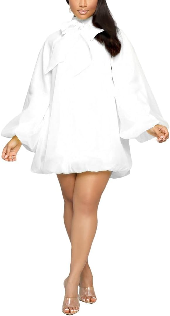 Yanfoam Women's Puff Sleeve Loose Chiffon for Cocktail Mini Dress | Sweetheart Round Neck,Puff Long Sleeve,Mini Dress,Bow Decoration,A-line,Flowy Loose Chiffon for Cocktail Party