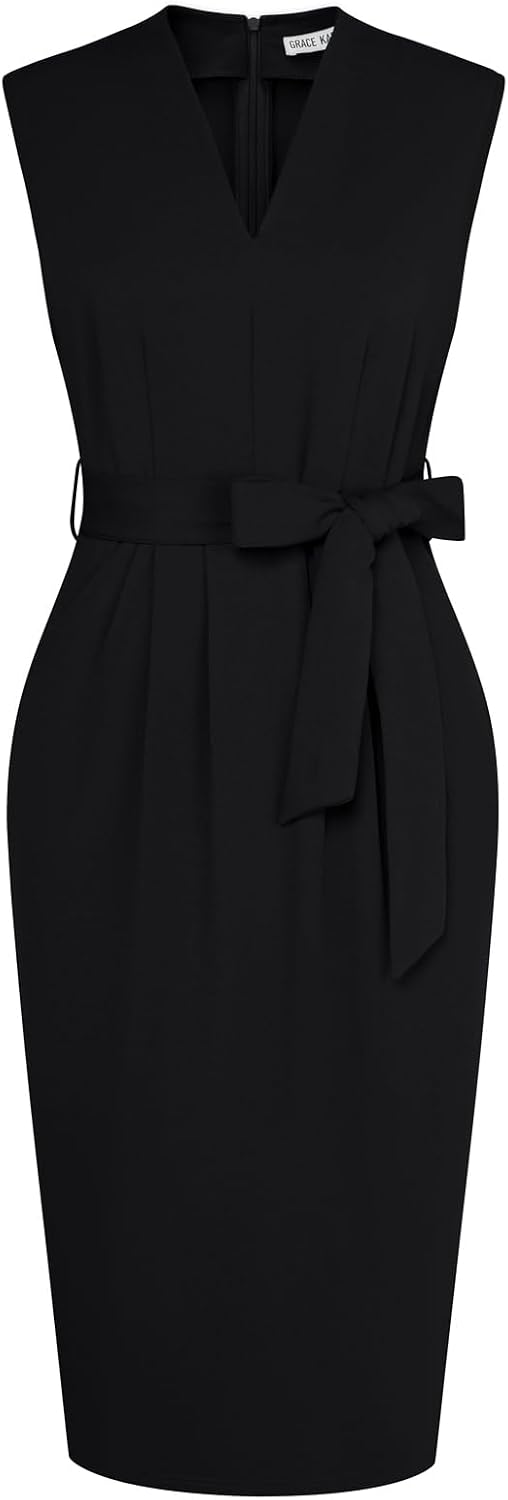 GRACE KARIN Women's Bodycon Knee Length Sleeveless Dress with Pockets | Ruched Waist with Removable Belt, Side Pockets, V-neck Sheath with Back Zipper, Ideal for Funeral, Office, Formal & Church