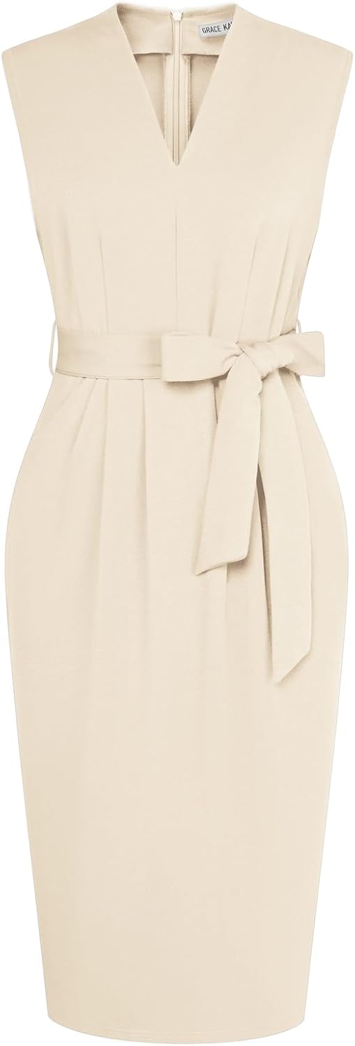 GRACE KARIN Women's Bodycon Knee Length Sleeveless Dress with Pockets | Ruched Waist with Removable Belt, Side Pockets, V-neck Sheath with Back Zipper, Ideal for Funeral, Office, Formal & Church