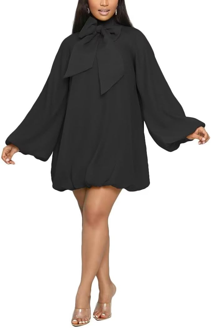 Yanfoam Women's Puff Sleeve Loose Chiffon for Cocktail Mini Dress | Sweetheart Round Neck,Puff Long Sleeve,Mini Dress,Bow Decoration,A-line,Flowy Loose Chiffon for Cocktail Party