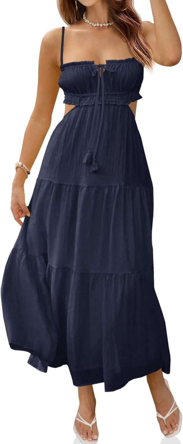 Fisoew Women's Spaghetti Strap Maxi Dress Summer Backless Cut Out Dresses | Flowy Long Dress,Adjustable Straps,Sexy Look,Sundresses,Casual,Vacation,Beach,Picnic,Date,Travel,Cruise,Breathable Fabric