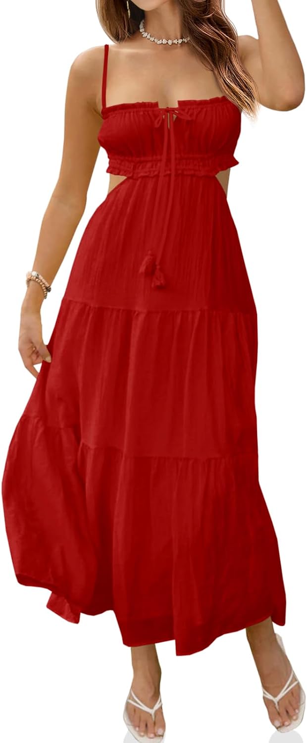 Fisoew Women's Spaghetti Strap Maxi Dress Summer Backless Cut Out Dresses | Flowy Long Dress,Adjustable Straps,Sexy Look,Sundresses,Casual,Vacation,Beach,Picnic,Date,Travel,Cruise,Breathable Fabric
