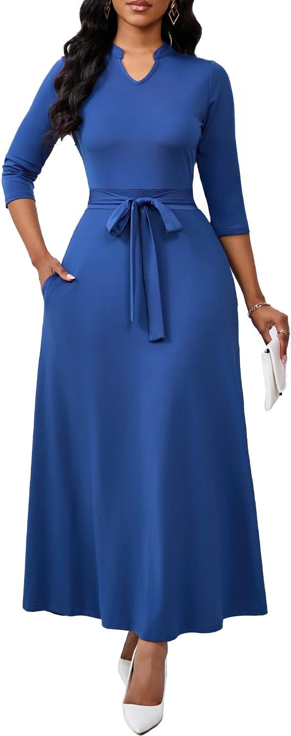 BubFee Maxi Dresses for Women Semi Formal Long Dress 3\/4 Sleeve Casual A-line Church Dresses with Pockets