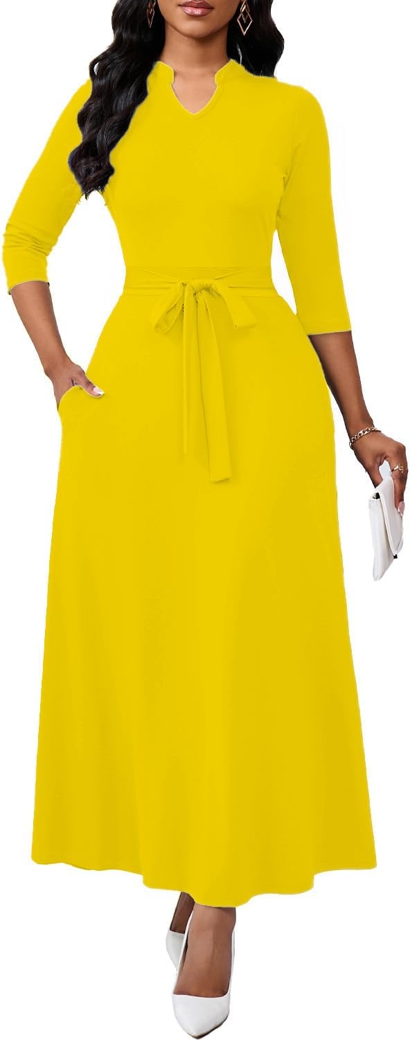 BubFee Maxi Dresses for Women Semi Formal Long Dress 3\/4 Sleeve Casual A-line Church Dresses with Pockets