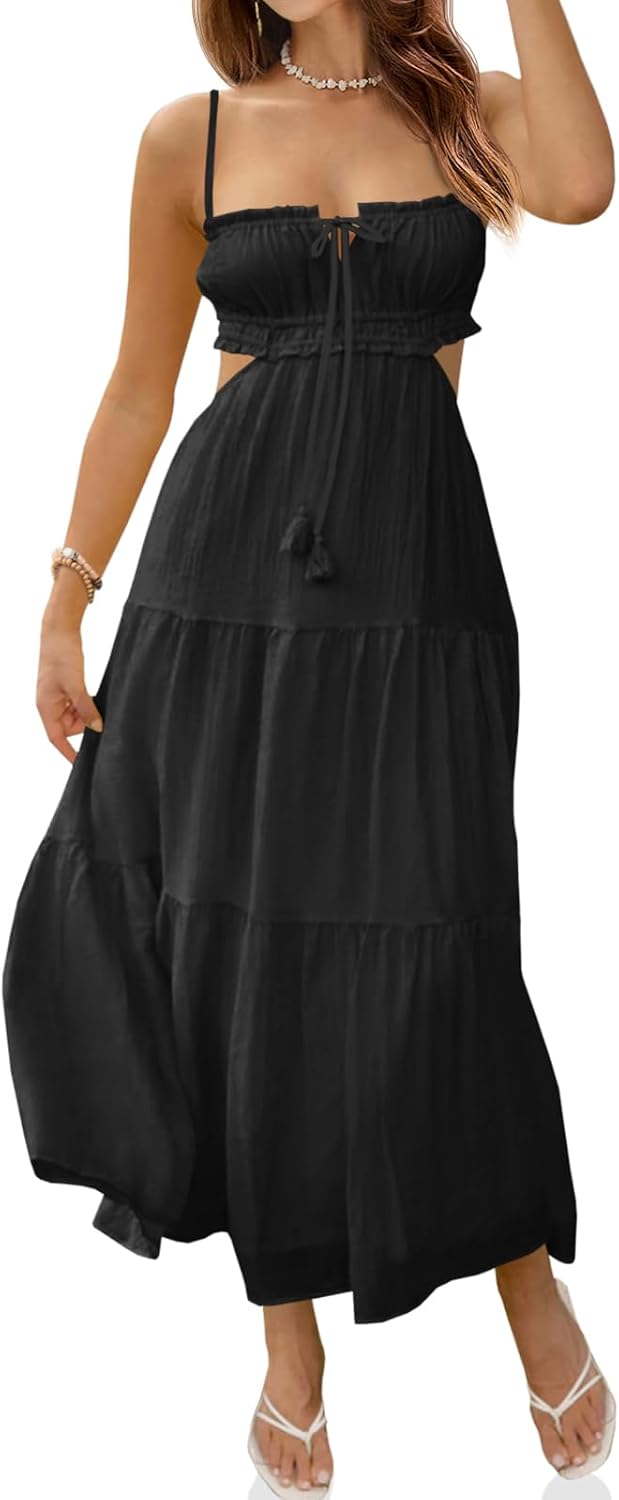 Fisoew Women's Spaghetti Strap Maxi Dress Summer Backless Cut Out Dresses | Flowy Long Dress,Adjustable Straps,Sexy Look,Sundresses,Casual,Vacation,Beach,Picnic,Date,Travel,Cruise,Breathable Fabric