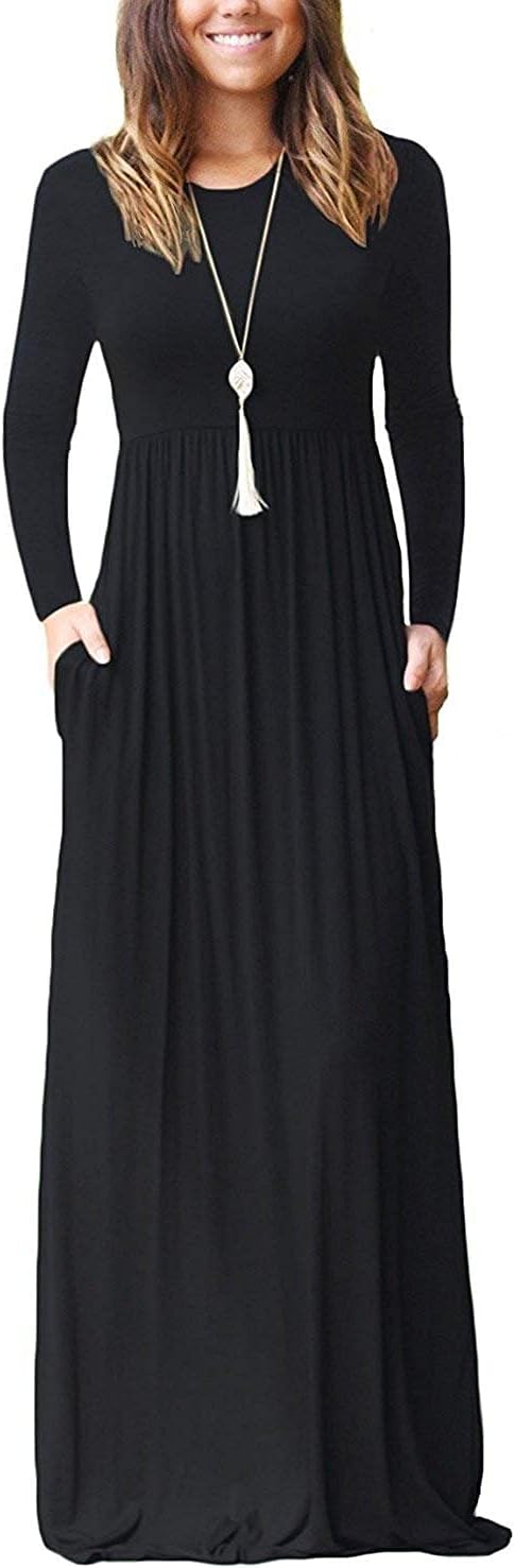 AUSELILY Womens Long Sleeve Maxi Dress Casual Empire Waist with Pockets | Versatile year round long dress for spring, fall, winter, available in floral prints and solids