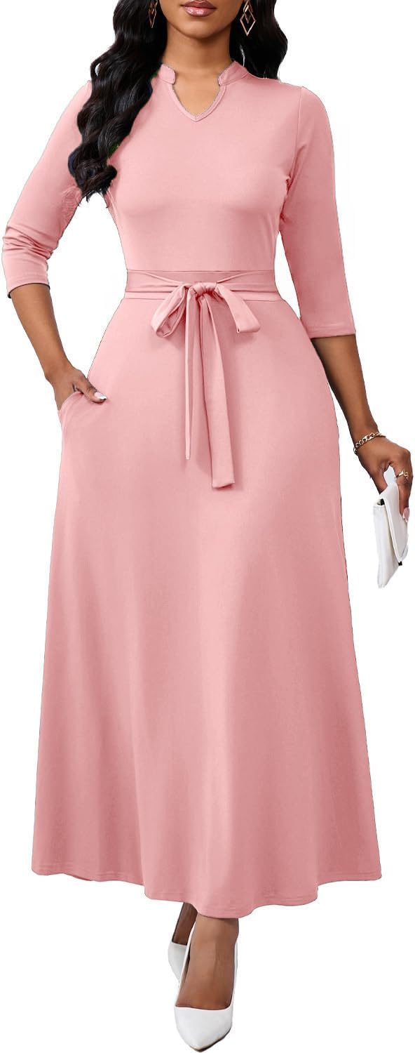 BubFee Maxi Dresses for Women Semi Formal Long Dress 3\/4 Sleeve Casual A-line Church Dresses with Pockets