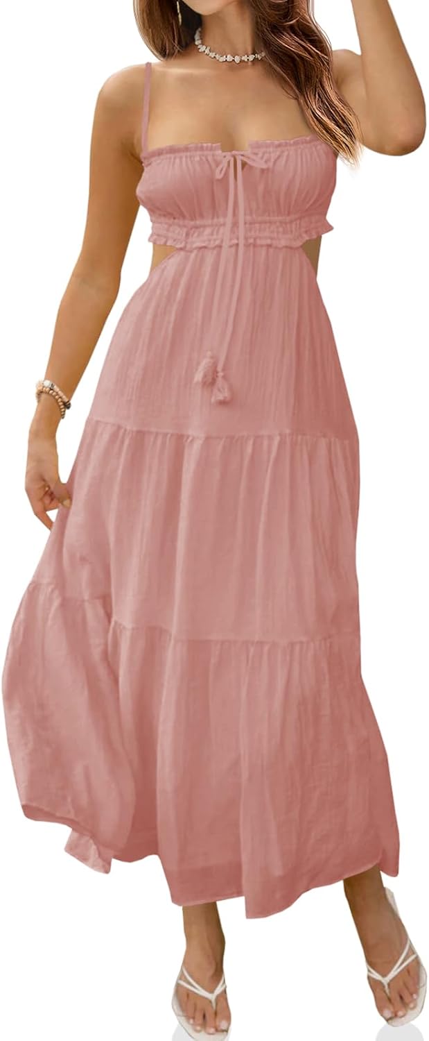 Fisoew Women's Spaghetti Strap Maxi Dress Summer Backless Cut Out Dresses | Flowy Long Dress,Adjustable Straps,Sexy Look,Sundresses,Casual,Vacation,Beach,Picnic,Date,Travel,Cruise,Breathable Fabric