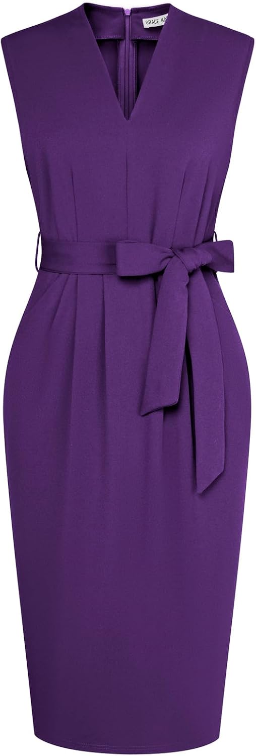 GRACE KARIN Women's Bodycon Knee Length Sleeveless Dress with Pockets | Ruched Waist with Removable Belt, Side Pockets, V-neck Sheath with Back Zipper, Ideal for Funeral, Office, Formal & Church