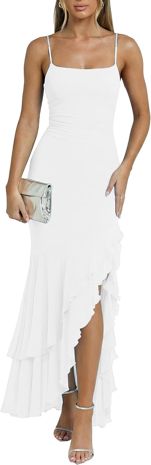 Kaximil Women's Elegant Ruffle Formal Wedding Guest Maxi Dress | Sexy Spaghetti Strap Ruched Bodycon Ruffle Mermaid Cocktail Party Dresses