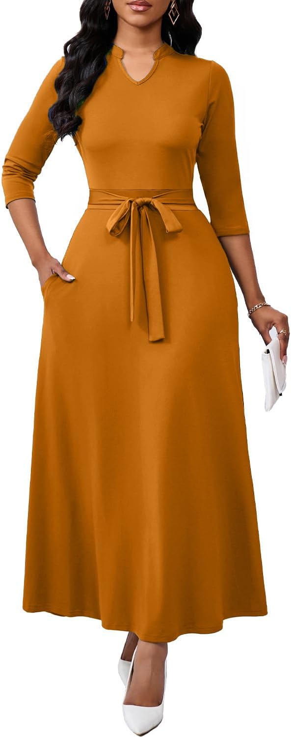 BubFee Maxi Dresses for Women Semi Formal Long Dress 3\/4 Sleeve Casual A-line Church Dresses with Pockets