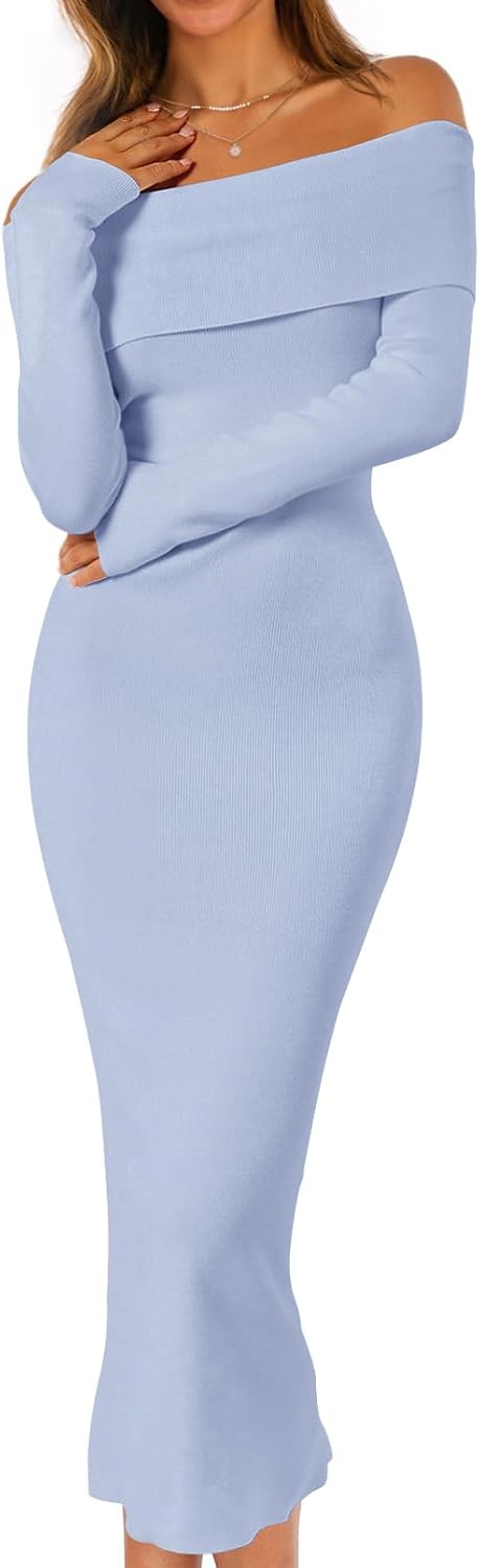 MEROKEETY Women's Fall Off Shoulder Long Sleeve Bodycon Midi Sweater Dress | 2026, Winter, Formal, Engagement, Sexy, Date Night, Baby Shower, Maternity, Bridal Shower, Wedding, Holiday Party Dresses