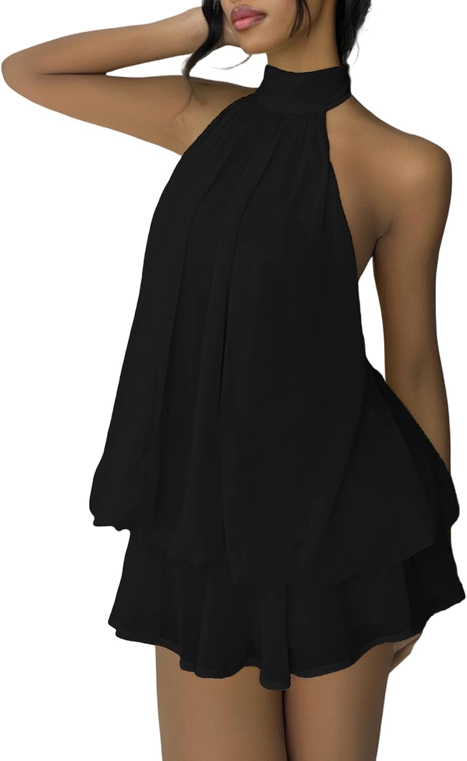 SHINFY Women's Chiffon Halter Flowy Ruffle Backless Birthday Mini Dress | Summer Cute Comfy Drop Waist Layered Going Out Dress Cocktail Wedding Guest Beach Vacation Brunch Dresses