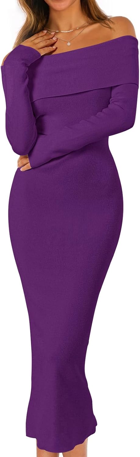 MEROKEETY Women's Fall Off Shoulder Long Sleeve Bodycon Midi Sweater Dress | 2026, Winter, Formal, Engagement, Sexy, Date Night, Baby Shower, Maternity, Bridal Shower, Wedding, Holiday Party Dresses