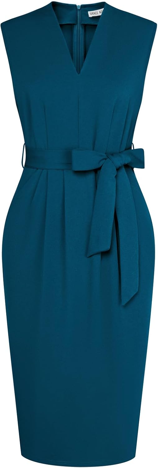 GRACE KARIN Women's Bodycon Knee Length Sleeveless Dress with Pockets | Ruched Waist with Removable Belt, Side Pockets, V-neck Sheath with Back Zipper, Ideal for Funeral, Office, Formal & Church