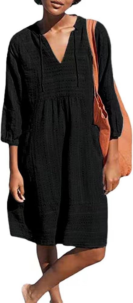 Lafural Womens V Neck Cotton Casual Loose Shift Tunic Smock Summer Dresses Vacation Dress 3\/4 Sleeve Pocket