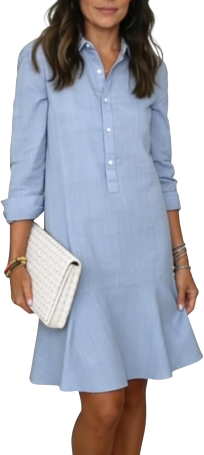 QXE Women's Linen Midi Dresses 2026 Summer Casual Button Down Shirt Dress | Casual, Black Color, Cotton Linen Dresses, Beach Vacation Clothes, Long Sleeve, Knee Length Dress, Summer Dresses for Women