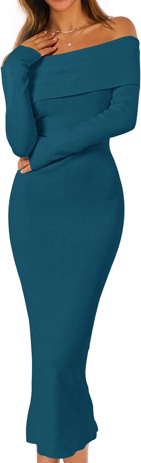 MEROKEETY Women's Fall Off Shoulder Long Sleeve Bodycon Midi Sweater Dress | 2026, Winter, Formal, Engagement, Sexy, Date Night, Baby Shower, Maternity, Bridal Shower, Wedding, Holiday Party Dresses