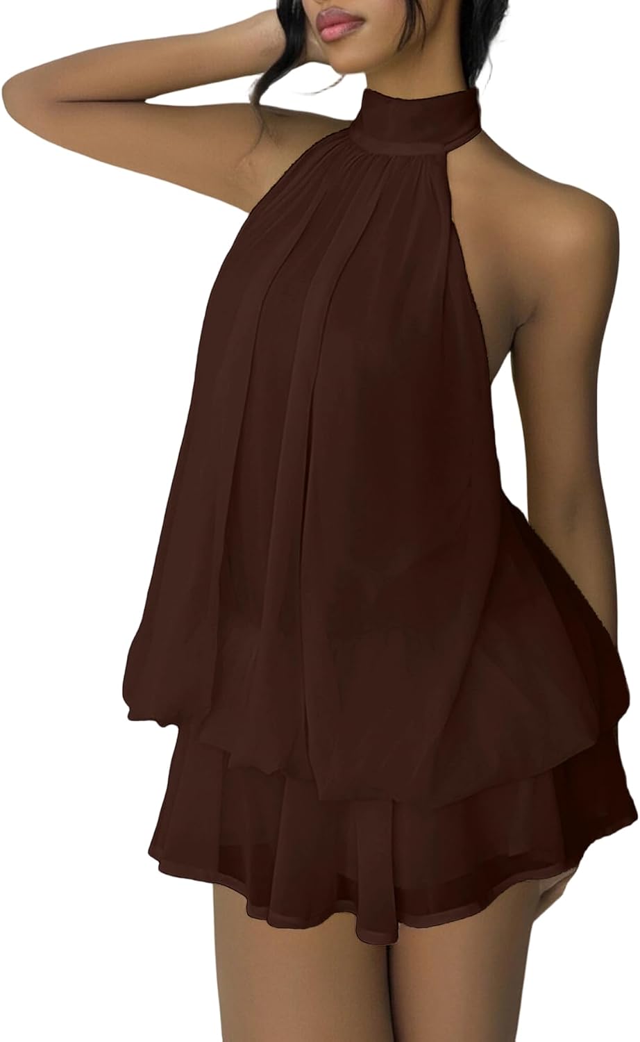 SHINFY Women's Chiffon Halter Flowy Ruffle Backless Birthday Mini Dress | Summer Cute Comfy Drop Waist Layered Going Out Dress Cocktail Wedding Guest Beach Vacation Brunch Dresses