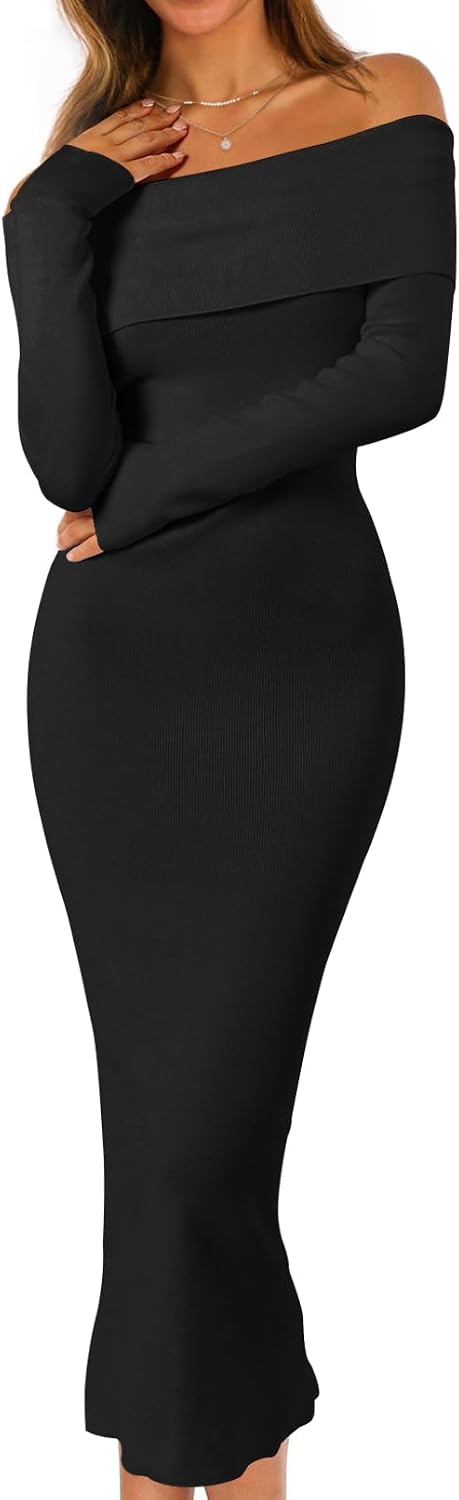 MEROKEETY Women's Fall Off Shoulder Long Sleeve Bodycon Midi Sweater Dress | 2026, Winter, Formal, Engagement, Sexy, Date Night, Baby Shower, Maternity, Bridal Shower, Wedding, Holiday Party Dresses