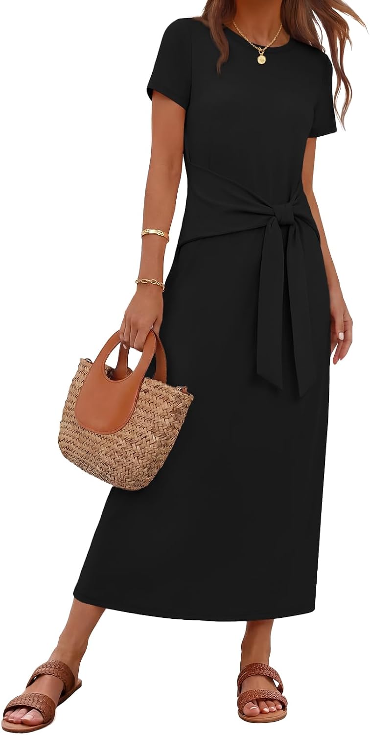 MEROKEETY Women's Summer T Shirt Casual Work Wrap Maxi Dresses | 2026 Fall, Tie Waist, Short Sleeve, Crew Neck, Business Casual, Beach Vacation, Slim Fit, High Waist, Elegant, Long Dress