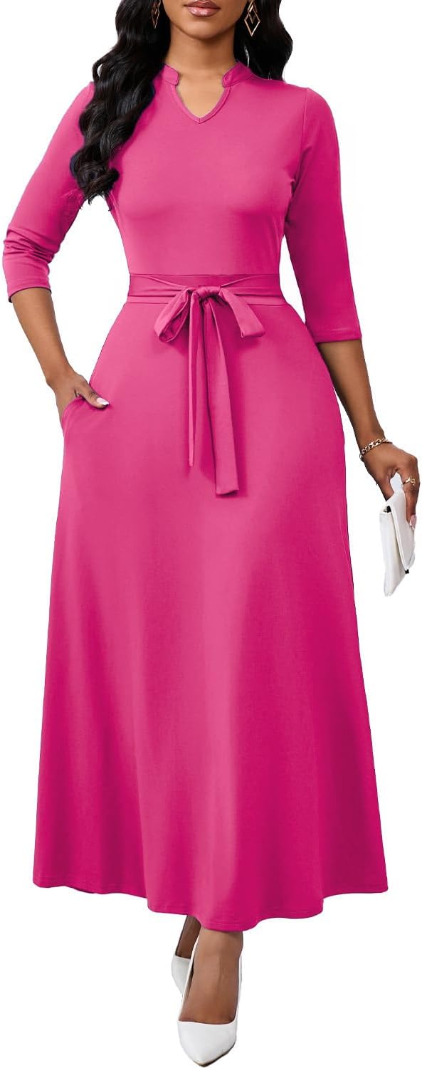 BubFee Maxi Dresses for Women Semi Formal Long Dress 3\/4 Sleeve Casual A-line Church Dresses with Pockets