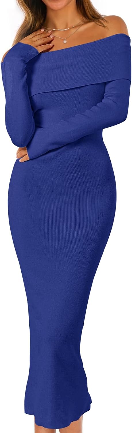 MEROKEETY Women's Fall Off Shoulder Long Sleeve Bodycon Midi Sweater Dress | 2026, Winter, Formal, Engagement, Sexy, Date Night, Baby Shower, Maternity, Bridal Shower, Wedding, Holiday Party Dresses