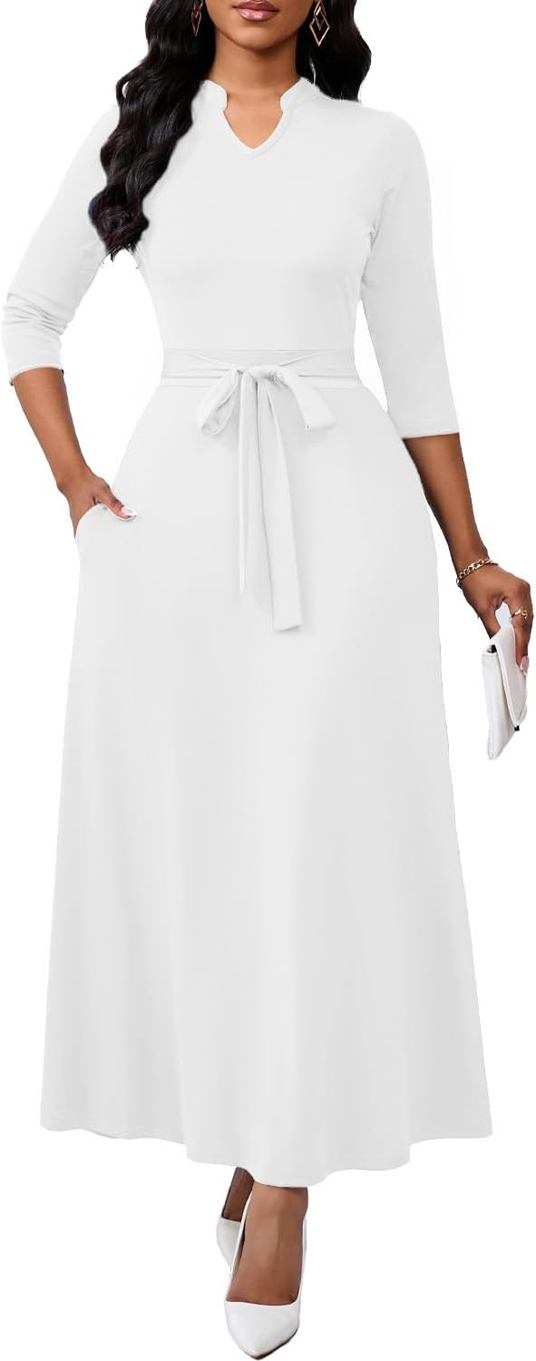 BubFee Maxi Dresses for Women Semi Formal Long Dress 3\/4 Sleeve Casual A-line Church Dresses with Pockets