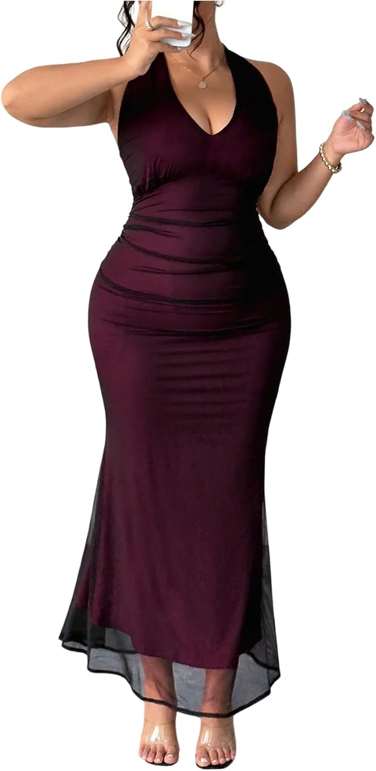 BEAUDRM Women's Y2k Plus Size Ruffle Halter Maxi Dress Mesh V Neck Cocktail Bodycon Party Wedding Guest Prom Long Dresses