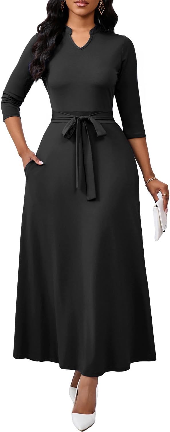 BubFee Maxi Dresses for Women Semi Formal Long Dress 3\/4 Sleeve Casual A-line Church Dresses with Pockets