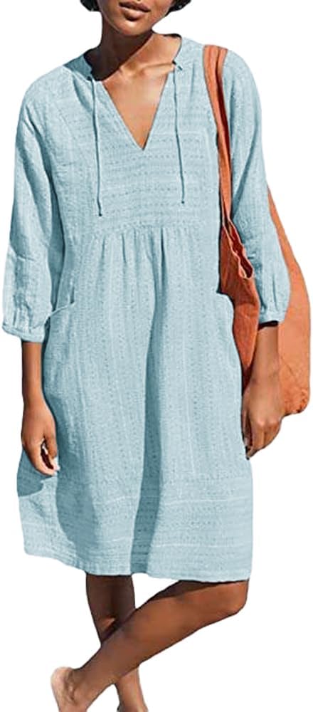 Lafural Womens V Neck Cotton Casual Loose Shift Tunic Smock Summer Dresses Vacation Dress 3\/4 Sleeve Pocket