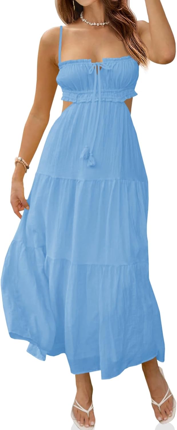 Fisoew Women's Spaghetti Strap Maxi Dress Summer Backless Cut Out Dresses | Flowy Long Dress,Adjustable Straps,Sexy Look,Sundresses,Casual,Vacation,Beach,Picnic,Date,Travel,Cruise,Breathable Fabric