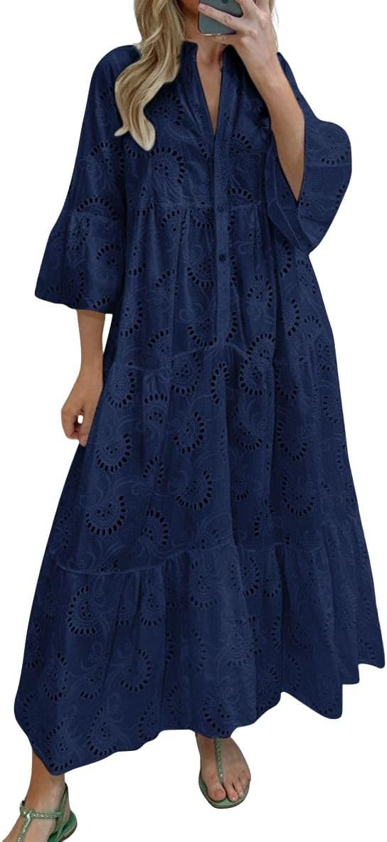 chouyatou Women's 2026 Lace Eyelet Embroidery Maxi Dress V-Neck Trumpet Sleeve Boho Flowy Swing Dress