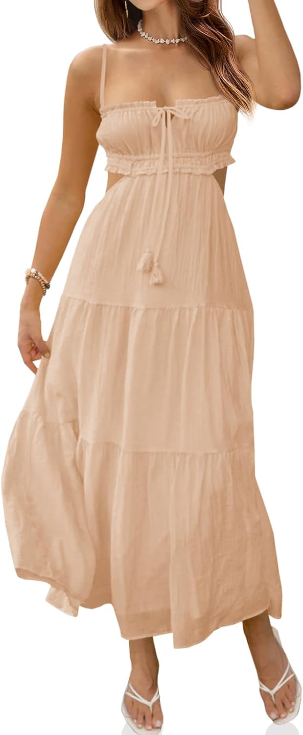 Fisoew Women's Spaghetti Strap Maxi Dress Summer Backless Cut Out Dresses | Flowy Long Dress,Adjustable Straps,Sexy Look,Sundresses,Casual,Vacation,Beach,Picnic,Date,Travel,Cruise,Breathable Fabric