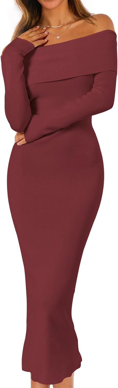 MEROKEETY Women's Fall Off Shoulder Long Sleeve Bodycon Midi Sweater Dress | 2026, Winter, Formal, Engagement, Sexy, Date Night, Baby Shower, Maternity, Bridal Shower, Wedding, Holiday Party Dresses
