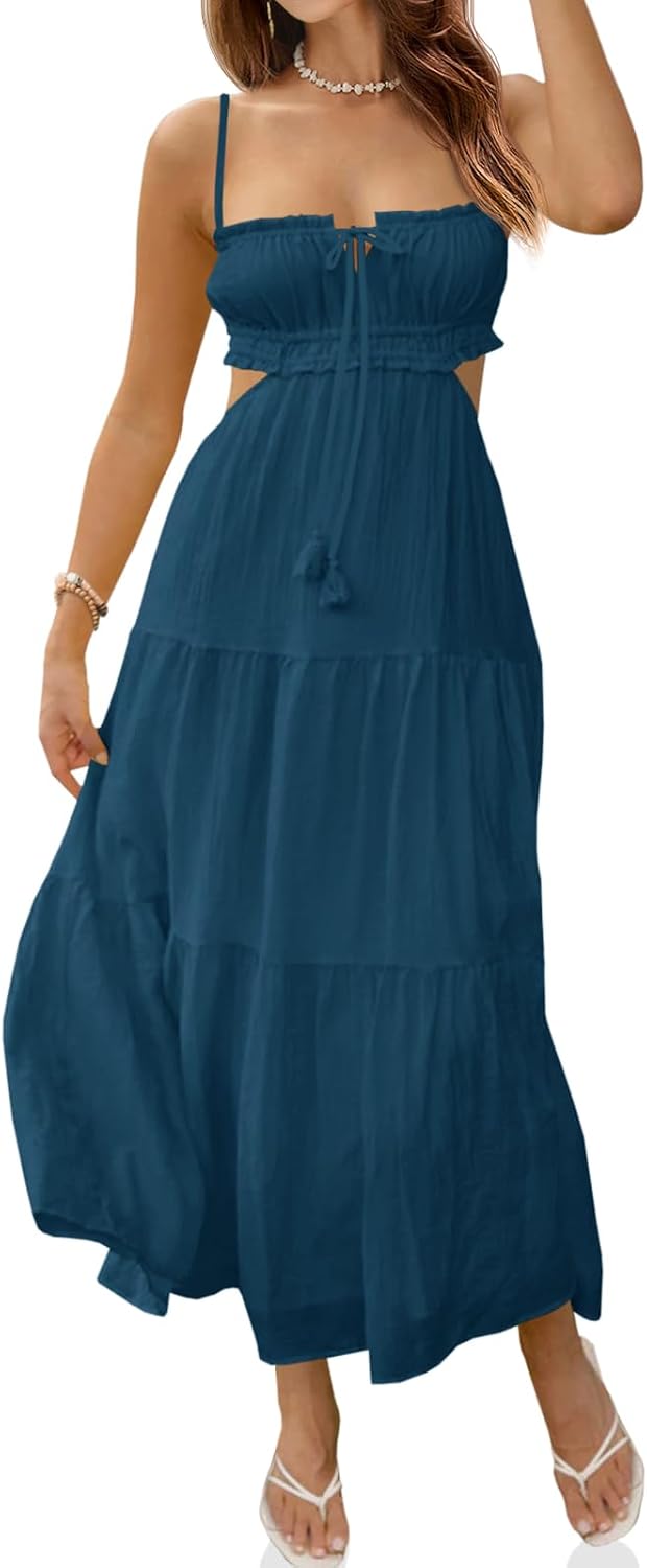 Fisoew Women's Spaghetti Strap Maxi Dress Summer Backless Cut Out Dresses | Flowy Long Dress,Adjustable Straps,Sexy Look,Sundresses,Casual,Vacation,Beach,Picnic,Date,Travel,Cruise,Breathable Fabric