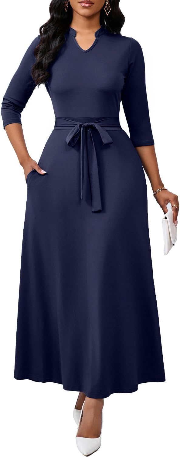 BubFee Maxi Dresses for Women Semi Formal Long Dress 3\/4 Sleeve Casual A-line Church Dresses with Pockets