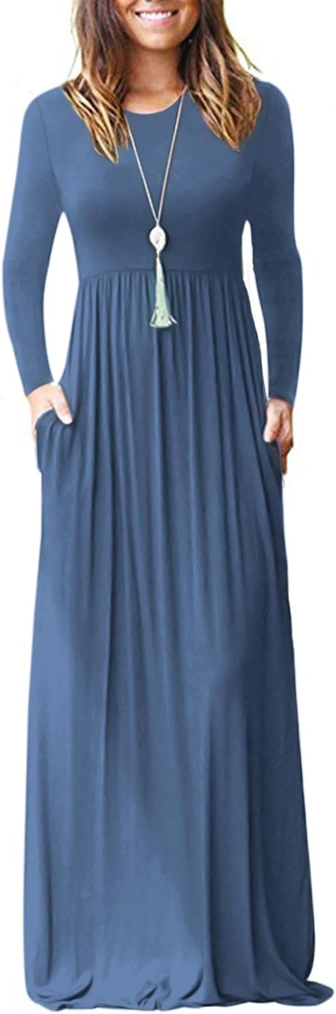 AUSELILY Womens Long Sleeve Maxi Dress Casual Empire Waist with Pockets | Versatile year round long dress for spring, fall, winter, available in floral prints and solids