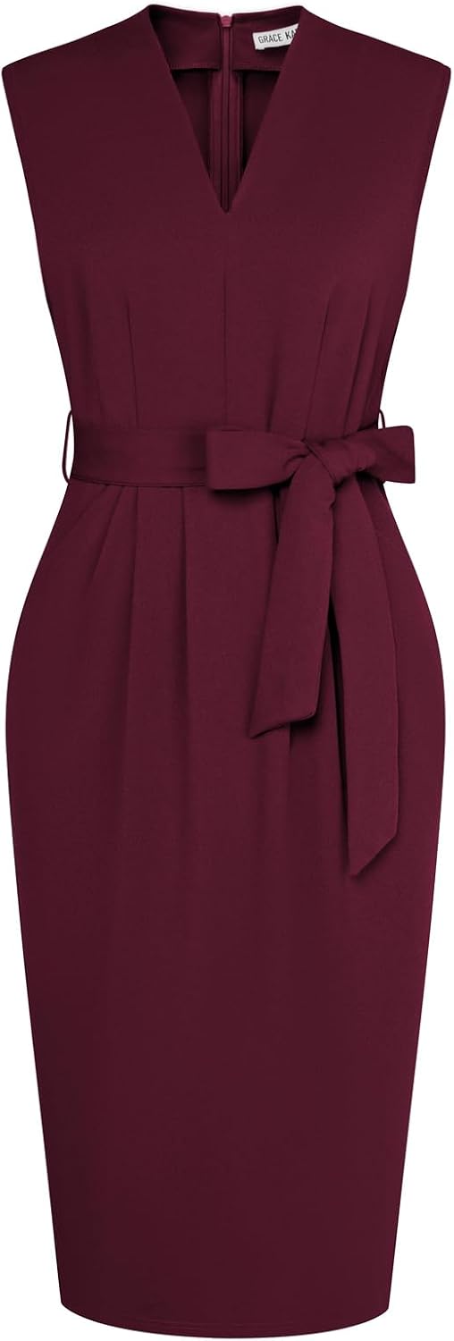 GRACE KARIN Women's Bodycon Knee Length Sleeveless Dress with Pockets | Ruched Waist with Removable Belt, Side Pockets, V-neck Sheath with Back Zipper, Ideal for Funeral, Office, Formal & Church