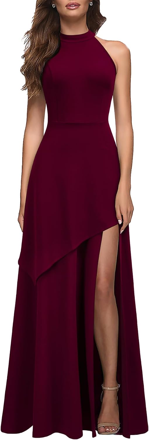 MUSHARE Women's Halter Neck Formal Dress Sexy Split Party Long Cocktail Dresses