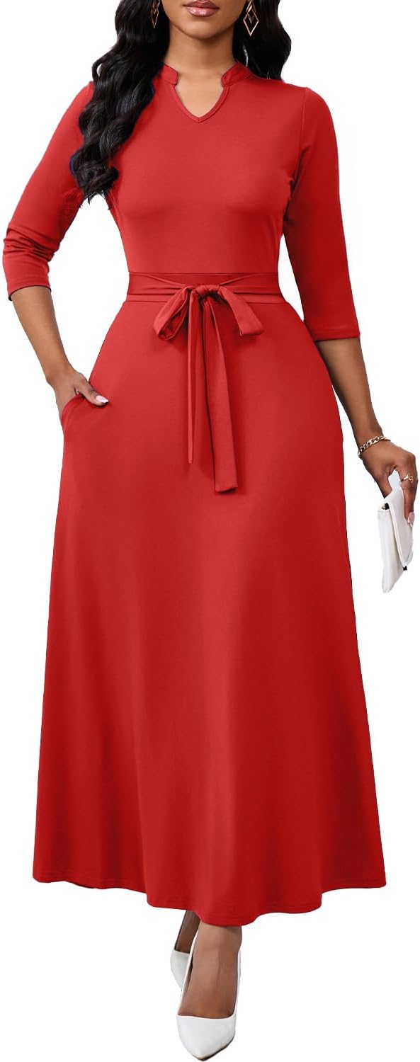 BubFee Maxi Dresses for Women Semi Formal Long Dress 3\/4 Sleeve Casual A-line Church Dresses with Pockets