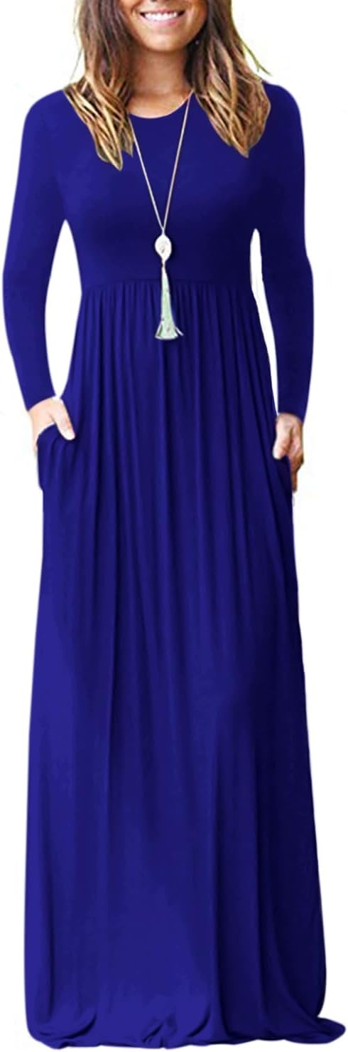 AUSELILY Womens Long Sleeve Maxi Dress Casual Empire Waist with Pockets | Versatile year round long dress for spring, fall, winter, available in floral prints and solids