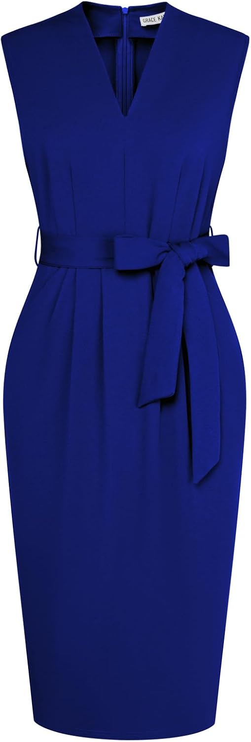 GRACE KARIN Women's Bodycon Knee Length Sleeveless Dress with Pockets | Ruched Waist with Removable Belt, Side Pockets, V-neck Sheath with Back Zipper, Ideal for Funeral, Office, Formal & Church