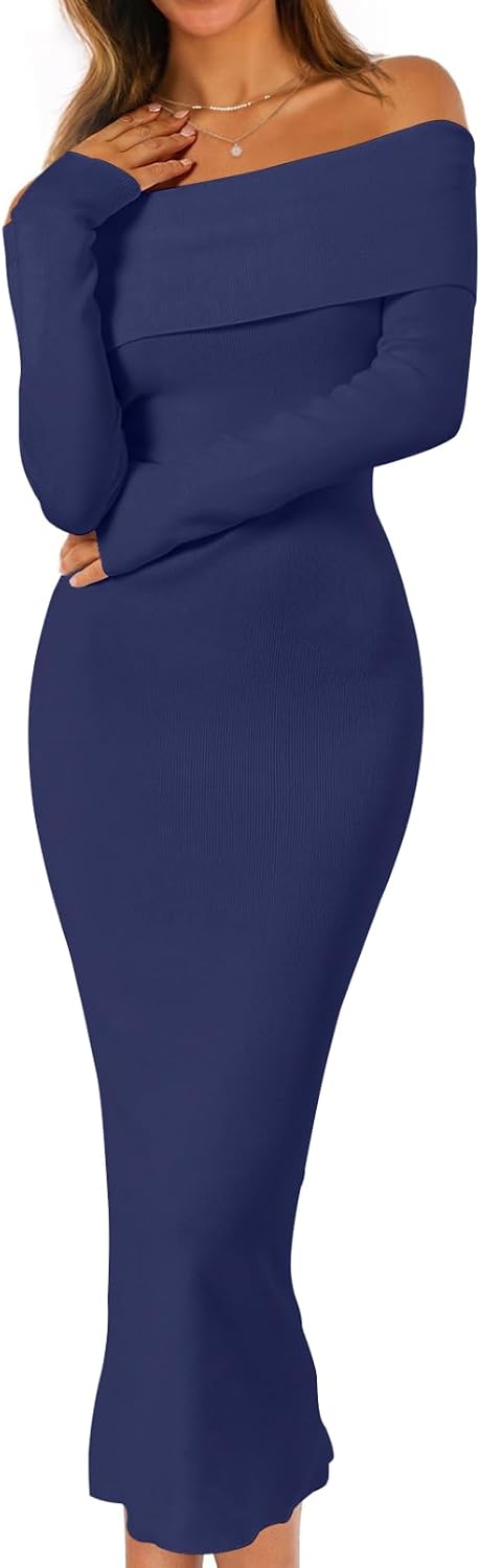 MEROKEETY Women's Fall Off Shoulder Long Sleeve Bodycon Midi Sweater Dress | 2026, Winter, Formal, Engagement, Sexy, Date Night, Baby Shower, Maternity, Bridal Shower, Wedding, Holiday Party Dresses